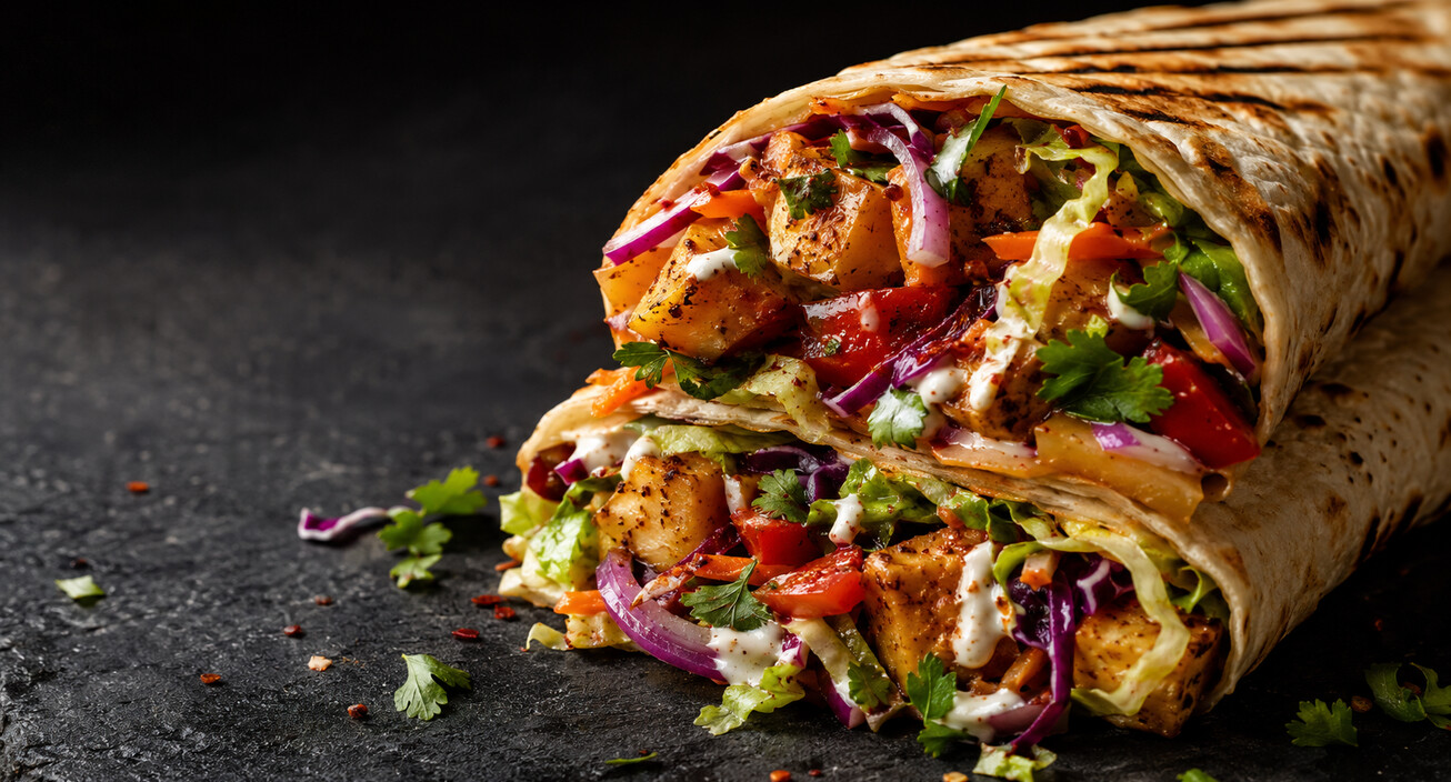 Freshly prepared grilled wrap with vegetables